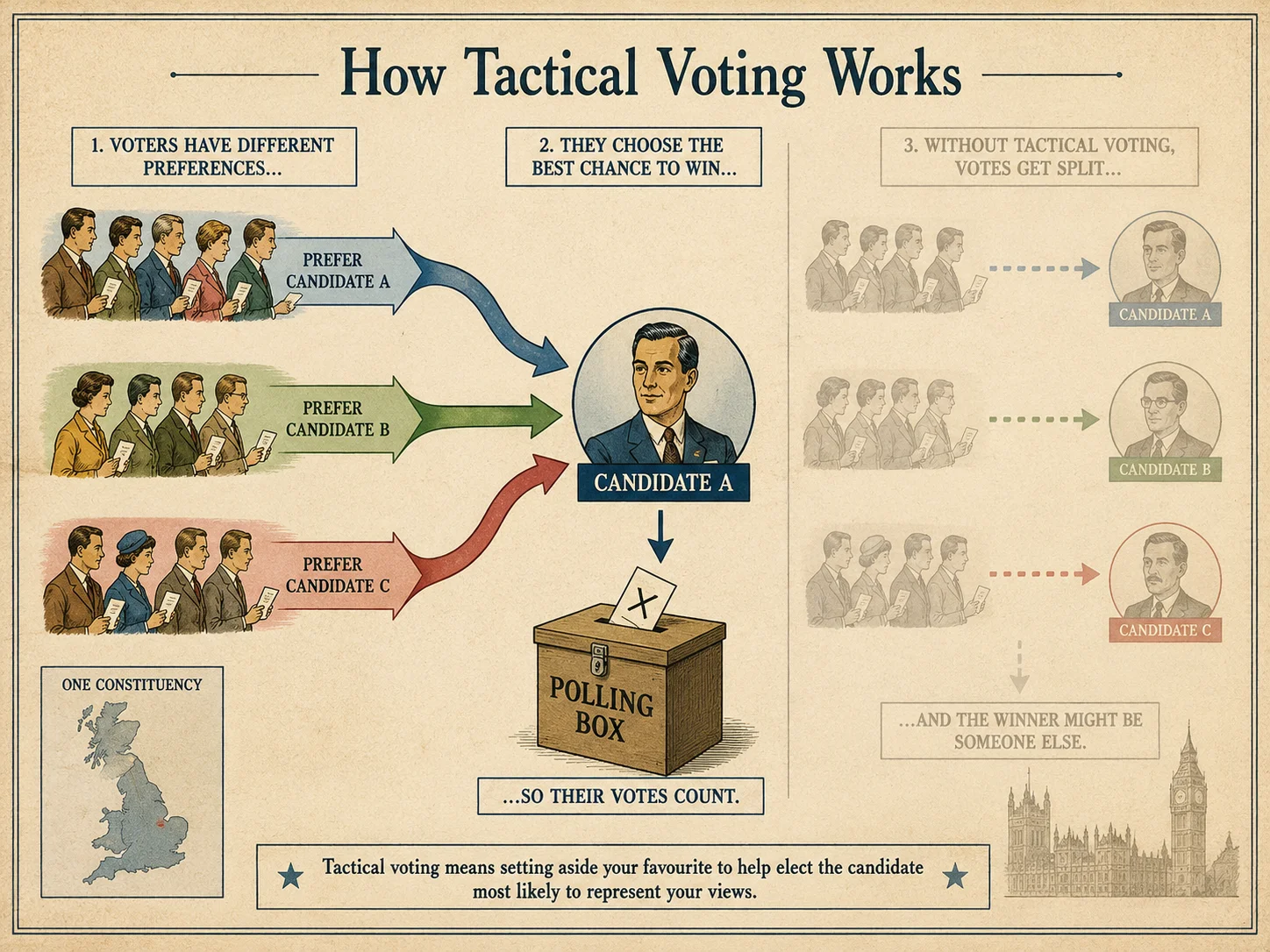 Illustrated overview of tactical voting: voters with different preferences choose the candidate best placed to win in one constituency, while split votes can let another candidate win.