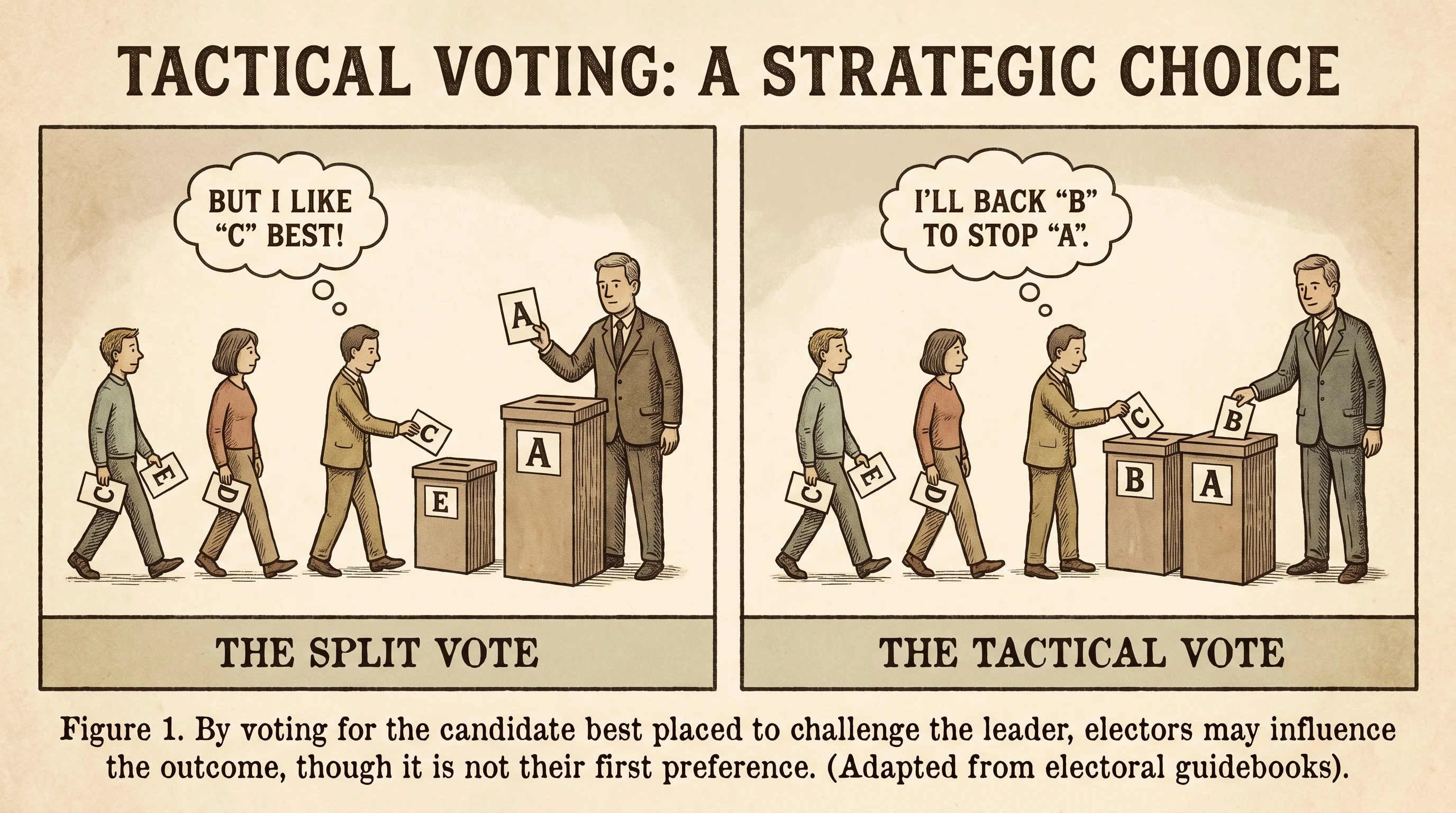 Illustration showing how similar voters can split between candidates, changing which candidate is best placed to win.